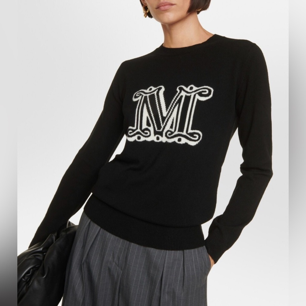 MaxMara Black Sweater with White M Logo Print Monogram Size Medium